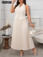 Plus Size 2-Piece Summer Set – Tie-Back Vest & Pleated Skirt