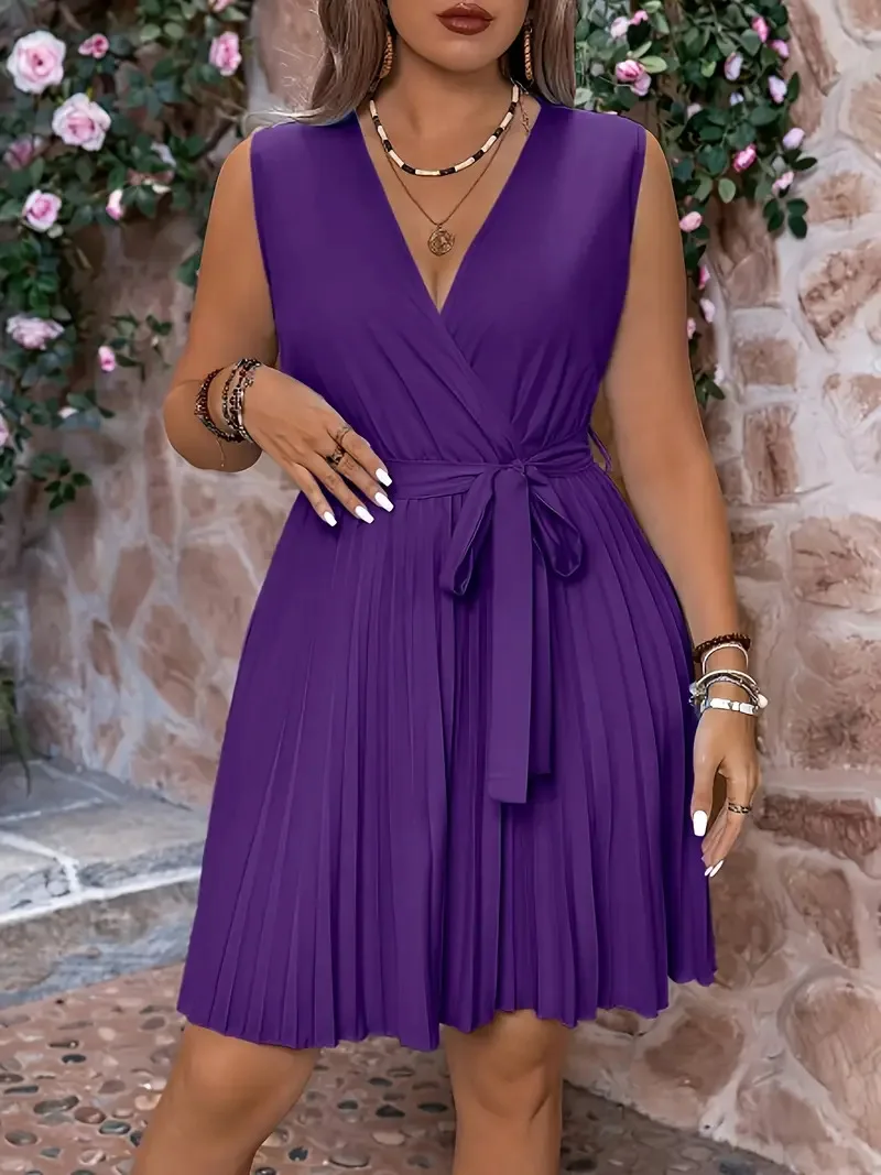 Plus-Size Surplice Neck Sleeveless Belted Mini Dress - Image 3