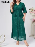Plus Size Surplice Neck Half‑Sleeve Sequined Party Dress – High‑Waist Bodycon Maxi