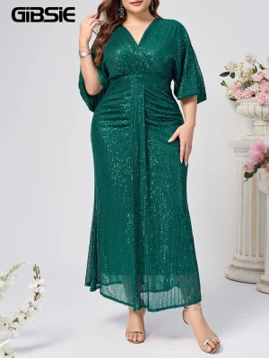 Plus Size Surplice Neck Half‑Sleeve Sequined Party Dress – High‑Waist Bodycon Maxi