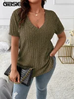 Plus Size V-Neck Ribbed Short Sleeve Tee – Summer Casual Top for Women"