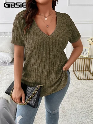 Plus Size V-Neck Ribbed Short Sleeve Tee – Summer Casual Top for Women"