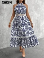 Plus Size Boho Print Hollow-out Halter Summer Dress – Elegant Beach Holiday Style