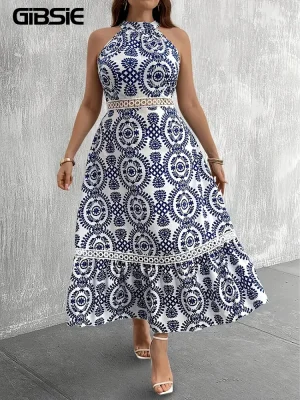 Plus Size Boho Print Hollow-out Halter Summer Dress – Elegant Beach Holiday Style