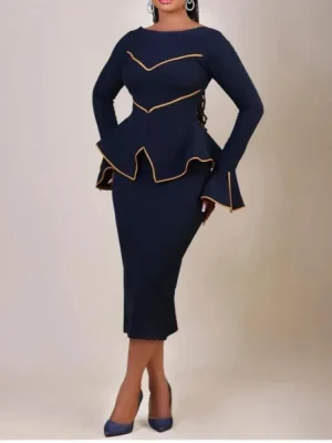 Elegant Women's Long Sleeve Office Dress round Neck Ruffle Edge Formal Business Workwear Color Block Line New Style for Ladies