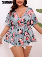 GIBSIE Plus Size Floral V-Neck Peplum Blouse with Butterfly Sleeves