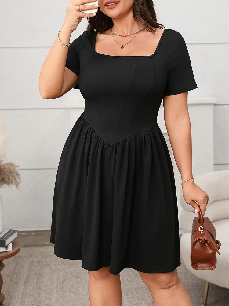 Plus Size Square Neck Black Mini Dress – Summer A-Line Casual Slim Fit - Image 4