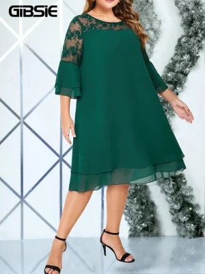 Plus Size Embroidered Mesh Chiffon Midi Dress with Flared Sleeves