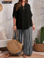 Plus Size Two-Piece Set – V-Neck Top & Wide-Leg Pants