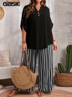 Plus Size Two-Piece Set – V-Neck Top & Wide-Leg Pants