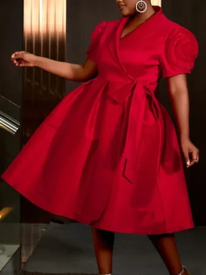 Women’s Red Wrap Dress with Waist Belt – 3D Floral, Shiny Fabric for Parties & Weddings