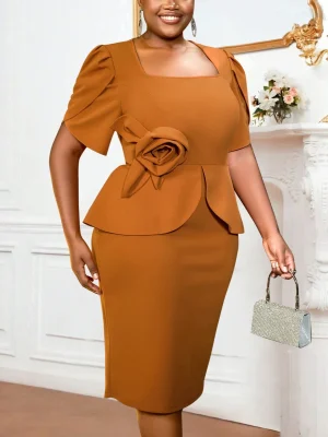 Modest Elegant 3D Floral Peplum Midi Dress – Square Neck, Formal Workwear