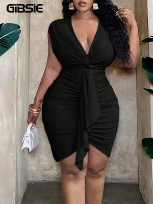 Plus-Size Black Front-Twist Deep V-Neck Wrap Party Dress