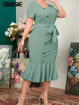Plus-Size Front Button Belted Mermaid Hem Dress