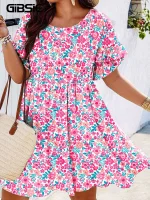 GIBSIE Plus Size Floral O-Neck Ruffle Dress