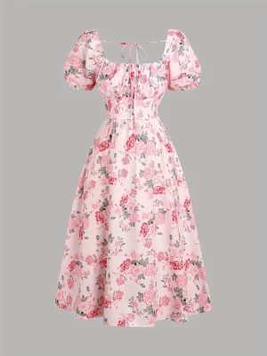 Plus Size Square-Neck Puff Sleeve Party Dress