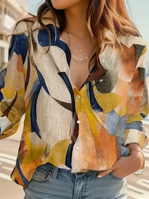 Plus Size Geometric Print V-Neck Blouse (1XL–5XL)