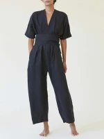 Cotton Linen V-Neck Belted Jumpsuit