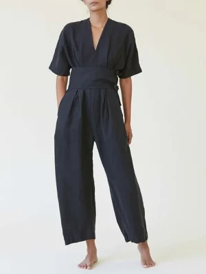 Cotton Linen V-Neck Belted Jumpsuit