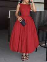 Red A-Line Sundress – O-Neck, Sleeveless, Backless, High Waist