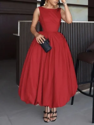 Red A-Line Sundress – O-Neck, Sleeveless, Backless, High Waist