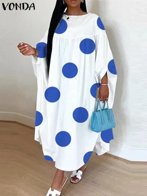 Plus Size VONDA Polka Dot Boho Sundress with Bat-Wing Sleeves"