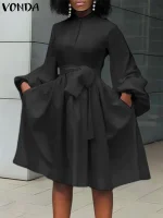 Women’s Knee-Length Sundress – 2025 Elegant Long Sleeve Dress