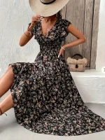 Plus Size Floral V-Neck Ruffle Dress (1XL–5XL)