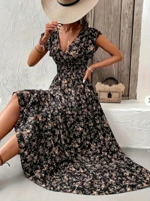 Plus Size Floral V-Neck Ruffle Dress (1XL–5XL)