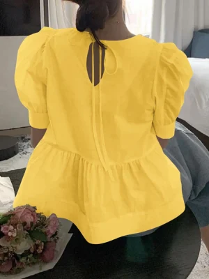 Pleated O-Neck Blouse – Loose Tunic Top for Summer