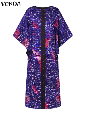Plus Size 5XL 2025 Summer Maxi Dress – Elegant Bat-Wing Sleeve, Vintage Print