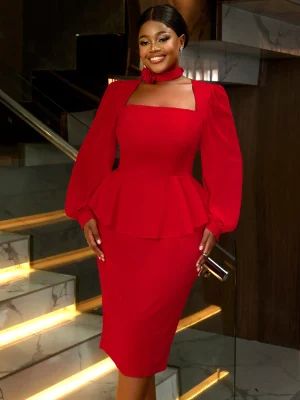 Women's Red Square Neck Peplum Midi Dress