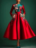 Elegant Satin A-Line Dress – Floral Print