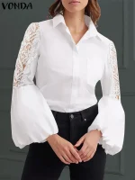 VONDA Lace Patchwork Puff Sleeve Blouse