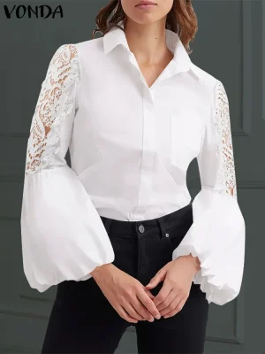 VONDA Lace Patchwork Puff Sleeve Blouse