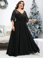 Plus Size Sequin V-Neck Chiffon Evening Gown