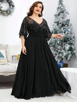 Plus Size Sequin V-Neck Chiffon Evening Gown