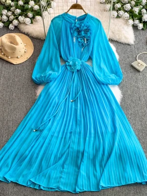 Pleated African Dress – O-Neck, Lantern Sleeves, 3D Flower with Belt