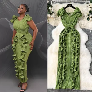 Miyaki Plus Size Sleeveless V-Neck Pleated Dress with Belt