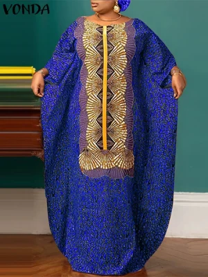 Plus Size 5XL VONDA Bohemian Printed Bat-Wing Sleeve Maxi Dress