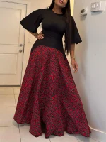 Printed Patchwork A-Line Maxi Dress with Lantern Sleeves