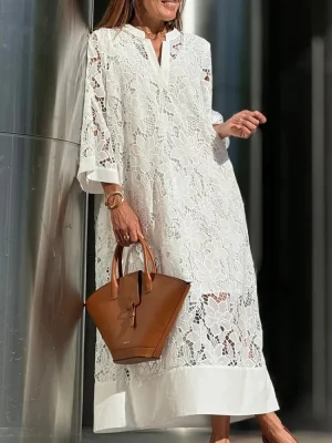 Lace African Maxi Dress – V-Neck, 3/4 Sleeves, Hollow Out Design
