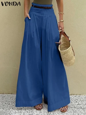 Plus Size Wide Leg Trousers – Solid Color, Loose Fit, Zipper Closure