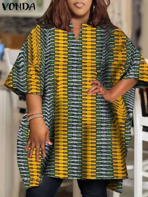 Plus Size Vintage Printed V-Neck Blouse – Short Sleeve Loose Tunic"