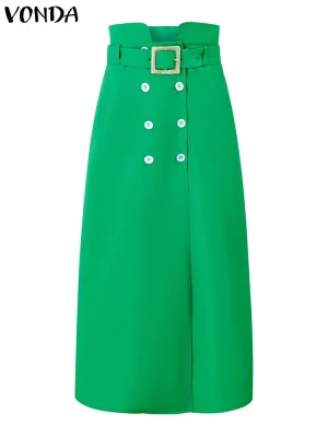 Women’s Elegant Long Skirt – Button Detail Slit Skirt with Waistband (Plus Size)