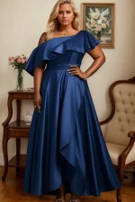 Plus Size Satin One-Shoulder Maxi Dress