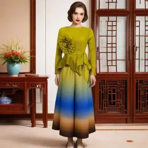 Miyaki Plus Size Two-Piece Pleated Skirt Suit – Long Sleeves & Asymmetrical