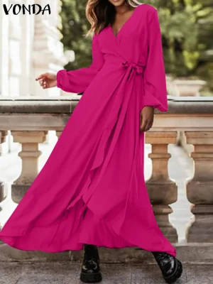 Plus Size VONDA Maxi Lantern Sleeve Lace-Up Dress – 2025