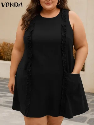 Plus Size 2025 Summer Sleeveless Mini Dress – Casual Ruffled Sundress with Pockets