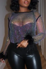 Plus Size Sequin Mesh Crop Top – Feather Sleeve